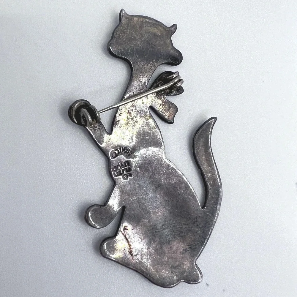 Vtg‎ Taxco Mexico Sterling Silver 925 Brooch Pin Cat Kitten Enamel 2.5